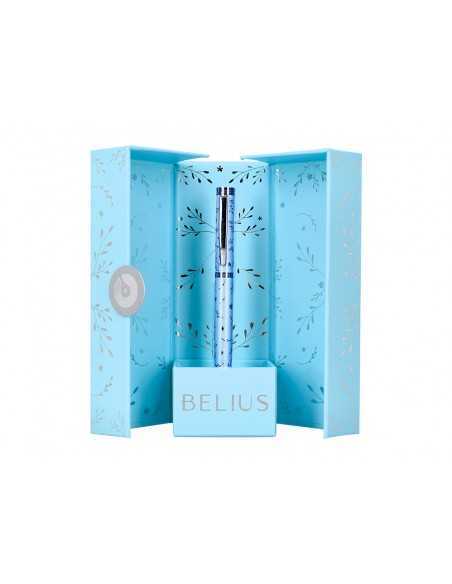 Pluma belius bella aluminio color azul celeste diseño plateado relieve tinta azul caja de diseño