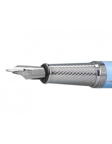 Pluma belius bella aluminio color azul celeste diseño plateado relieve tinta azul caja de diseño