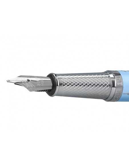 Pluma belius bella aluminio color azul celeste diseño plateado relieve tinta azul caja de diseño