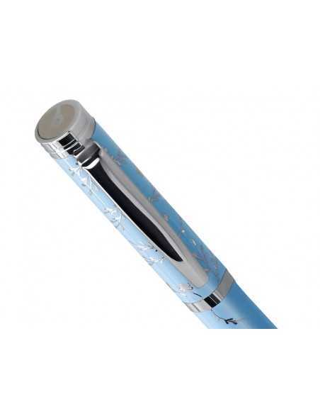 Pluma belius bella aluminio color azul celeste diseño plateado relieve tinta azul caja de diseño