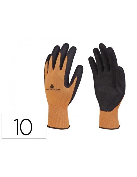 Guantes deltaplus poliester impregando latex palma y dedos naranja fluor/negro talla 10