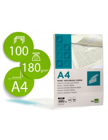 Papel verjurado liderpapel a4 180g/m2 crema paquete de 100 hojas