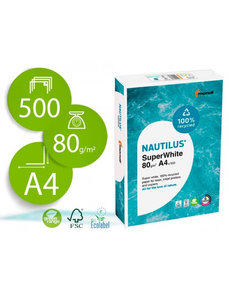Papel fotocopiadora nautilus superwhite 100% reciclado din a4 80 gramos paquete de 500 hojas