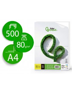 Papel liderpapel a4 80g/m2 liso microperforado en dos partes iguales paquete de 500 hojas fsc