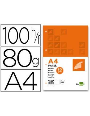 Papel liderpapel a4 80g/m2 liso 4 taladros paquete de 100 hojas