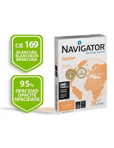 Papel fotocopiadora navigator din a4 80 gramos 4 taladros papel multiuso ink-jet y laser paquete de 500 hojas