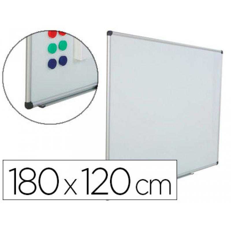 Pizarra blanca rocada acero vitrificado magnetico marco aluminio y cantóneras pvc 180x120 cm incluye bandeja - Imagen 1