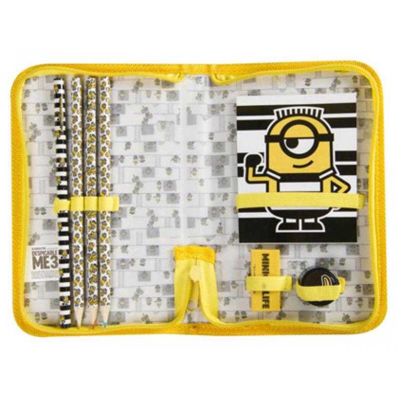 Bolso portatodo con cremallera minions con libreta goma sacapuntas y lapices colores