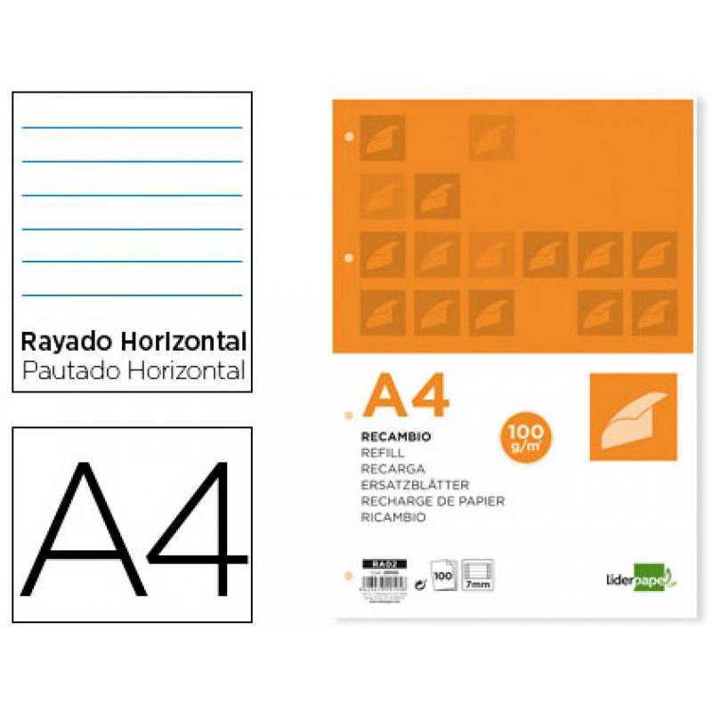 Recambio liderpapel a4 100 hojas 100 g/m2 rayado horizontal con margen 4 taladros - Imagen 1
