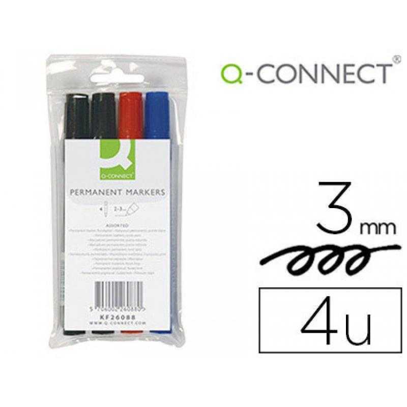 Rotulador q-connect marcador permanente estuche de 4 colores surtidos punta redonda 3 mm
