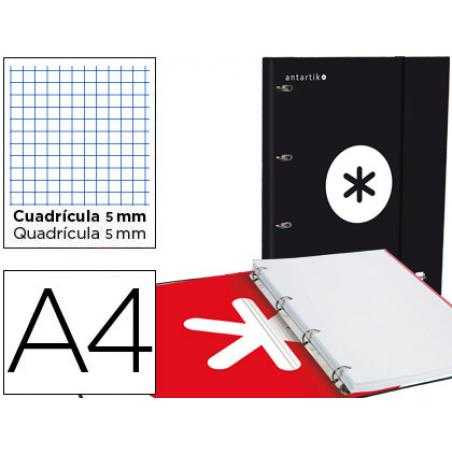 Carpeta con recambio antartik a4 cuadro 5mm forrada 4 anillas 25mm redondas color negro
