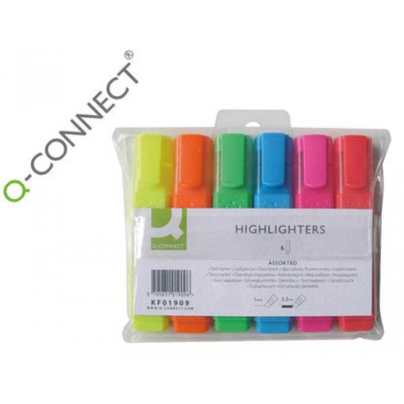 Rotulador q-connect fluorescente punta biselada caja de 6 unidades colores surtidos