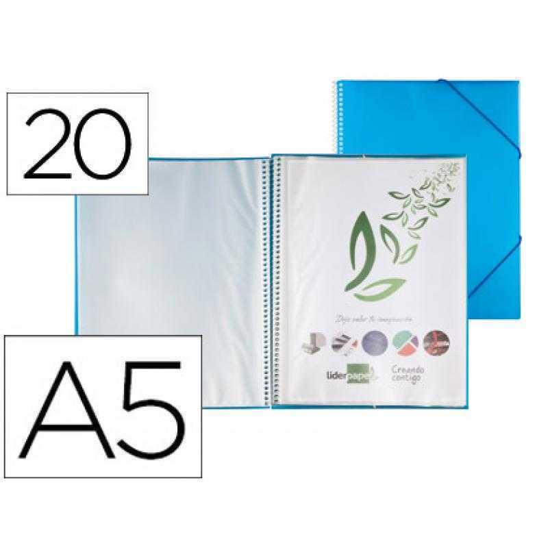 Carpeta liderpapel escaparate con espiral 20 fundas polipropileno din a5 azul