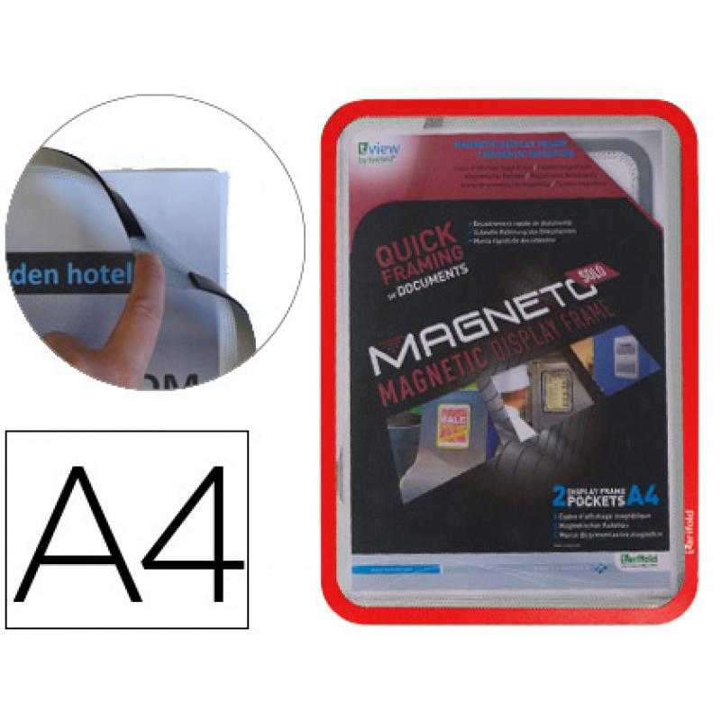 Marco porta anuncios tarifold magneto din a4 con 4 bandas magnéticas en el dorso color rojo pack de 2 unidades