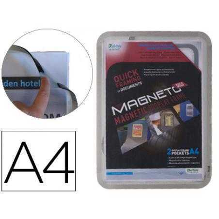 Marco porta anuncios tarifold magneto din a4 con 4 bandas magnéticas en el dorso color plata pack de 2 unidades