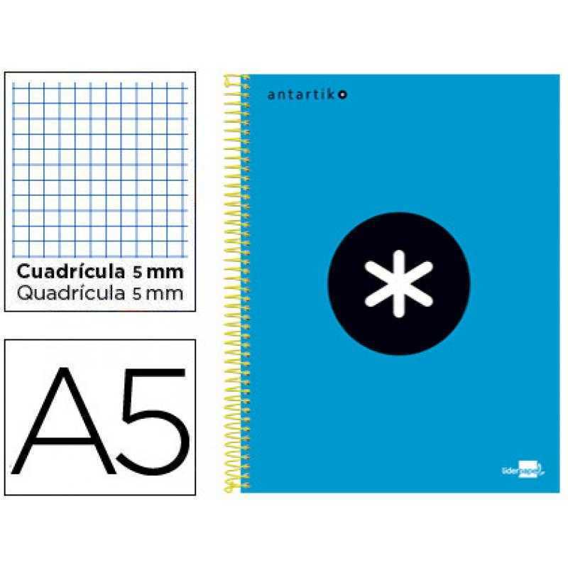 Cuaderno espiral a5 micro antartik tapa forrada120h 90 gr cuadro 5mm 5 bandas6 taladros color azul