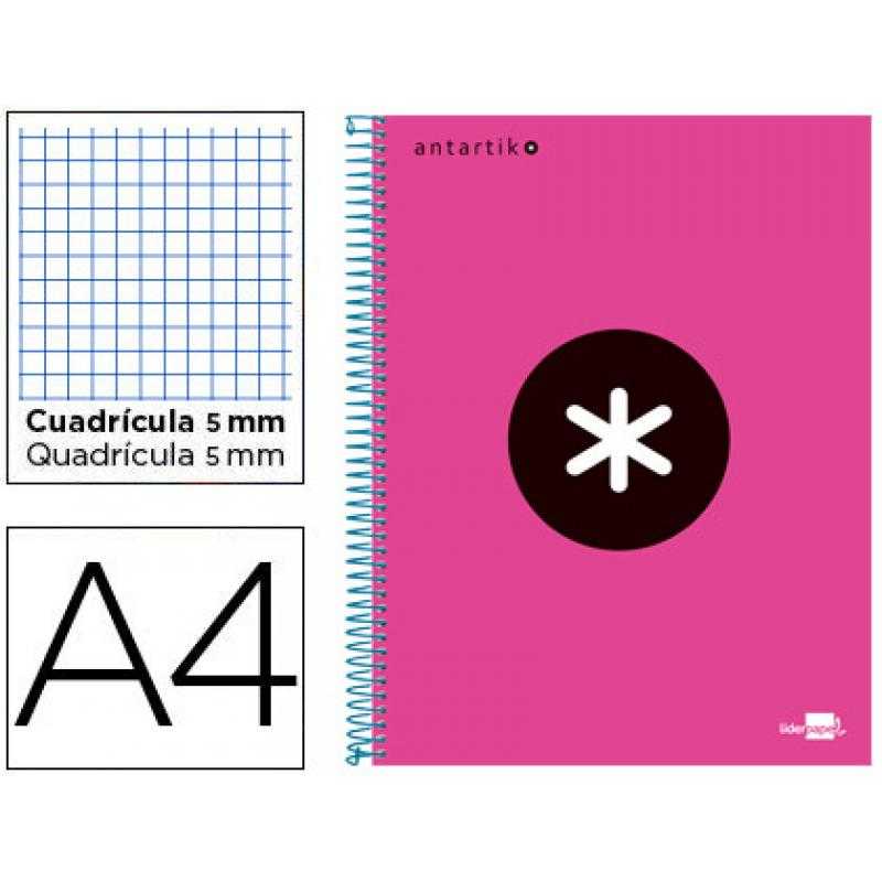 Cuaderno espiral a4 micro antartik tapa forrada 120h 90 gr cuadro 5mm 5 bandas 4 taladros color rosa