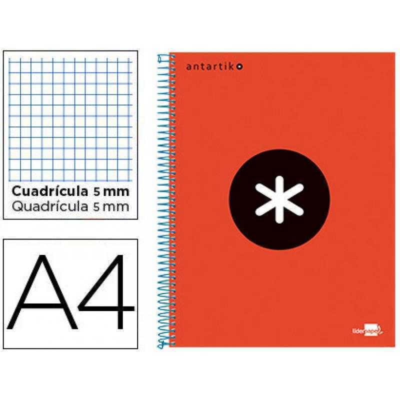 Cuaderno espiral a4 micro antartik tapa forrada 120h 90 gr cuadro 5mm 5 bandas 4 taladros color rojo