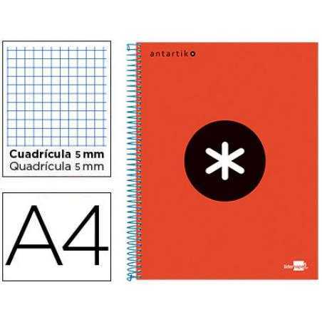Cuaderno espiral a4 micro antartik tapa forrada 120h 90 gr cuadro 5mm 5 bandas 4 taladros color rojo