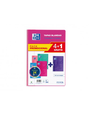 Cuaderno espiral oxford tapa blanda folio 80 hojas 90gr cuadro 4 mm colores tendencias pack de 4+1