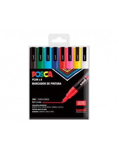 Rotulador uni posca pc-3m/8c marcador de pintura punta conica 0,9-1,3 mm estuche de 8 unidades colores basicos
