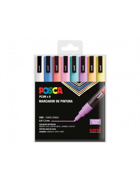 Rotulador uni posca pc-3m/8c marcador de pintura punta conica 0,9-1,3 mm estuche de 8unidades colores suaves