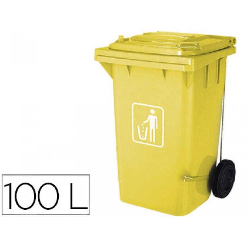 Papelera contenedor q-connect plastico amarillo para plasticos y envases metalicos 100l con tapa y ruedas 750x470x370 mm