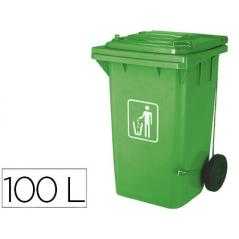 Papelera contenedor q-connect plastico verde para envases de vidrio 100l con tapa y ruedas 750x470x370 mm