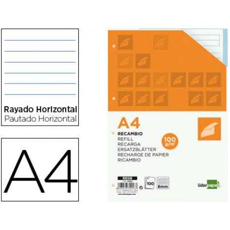 Recambio liderpapel a4 100 hojas 100 g/m2 rayado horizontal 4 taladros bandas de 5 colores