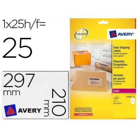 Etiqueta adhesivas avery din a4 imprimibles transparente 210x297 mm caja de 25 hojas con 25 etiquetas