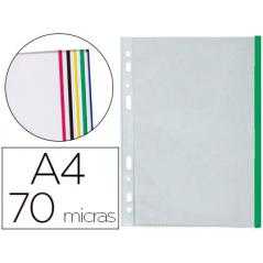 Funda multitaladro q-connect din a4 70 mc pp cristal con borde verde bolsa de 10 unidades