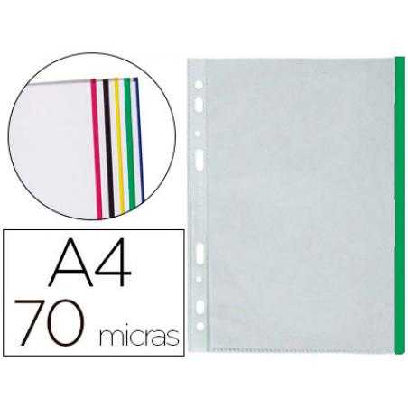 Funda multitaladro q-connect din a4 70 mc pp cristal con borde verde bolsa de 10 unidades