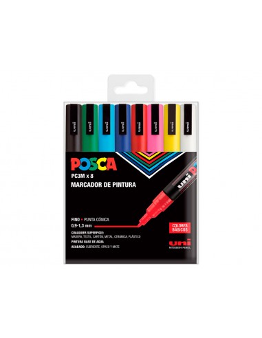 Rotulador uni posca pc-3m/8c marcador de pintura punta conica 0,9-1,3 mm estuche de 8 unidades colores basicos