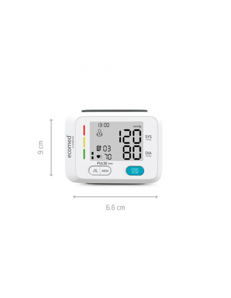 Tensiometro de muñeca medisana ecomed automatico con memoria dual y detector de arritmias