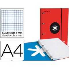 Carpeta con recambio antartik a4 cuadro 5mm forrada 4 anillas 40mm redondas con solapa color rojo