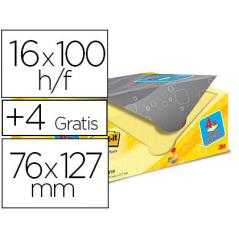 Bloc de notas adhesivas quita y pon post-it amarillo canario 76x127 mm pack promocional 16+4 gratis