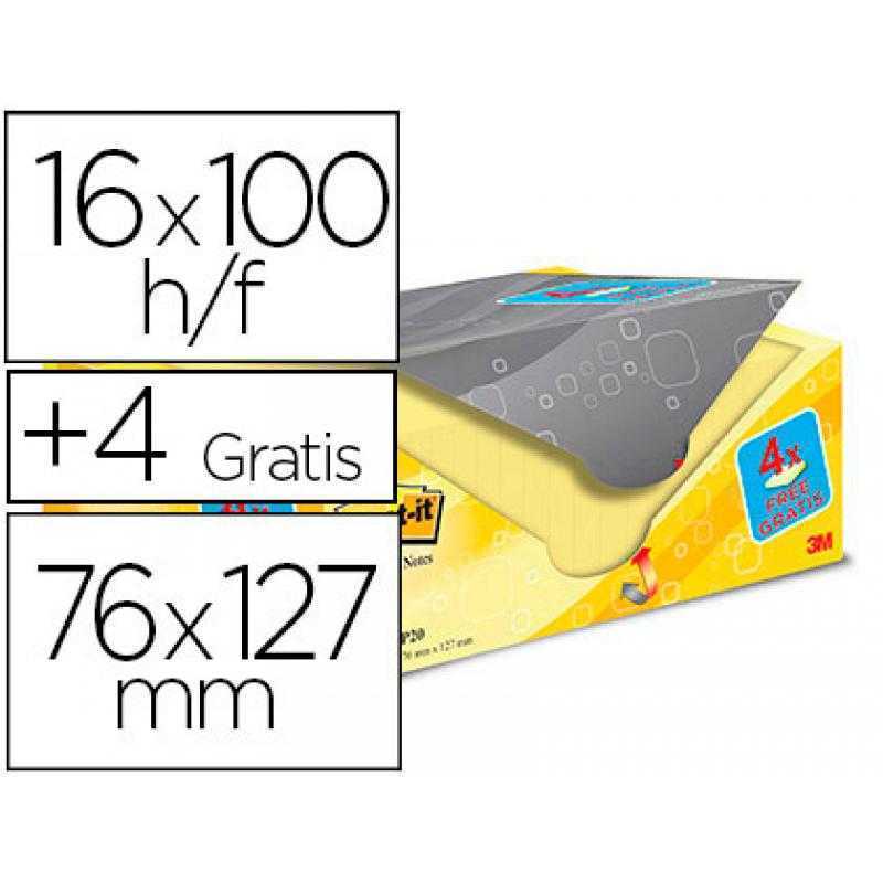 Bloc de notas adhesivas quita y pon post-it amarillo canario 76x127 mm pack promocional 16+4 gratis