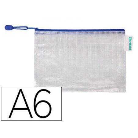 Bolsa multiusos tarifold pvc din a6 apertura superior con cremallera portaboligrafo y correa azul
