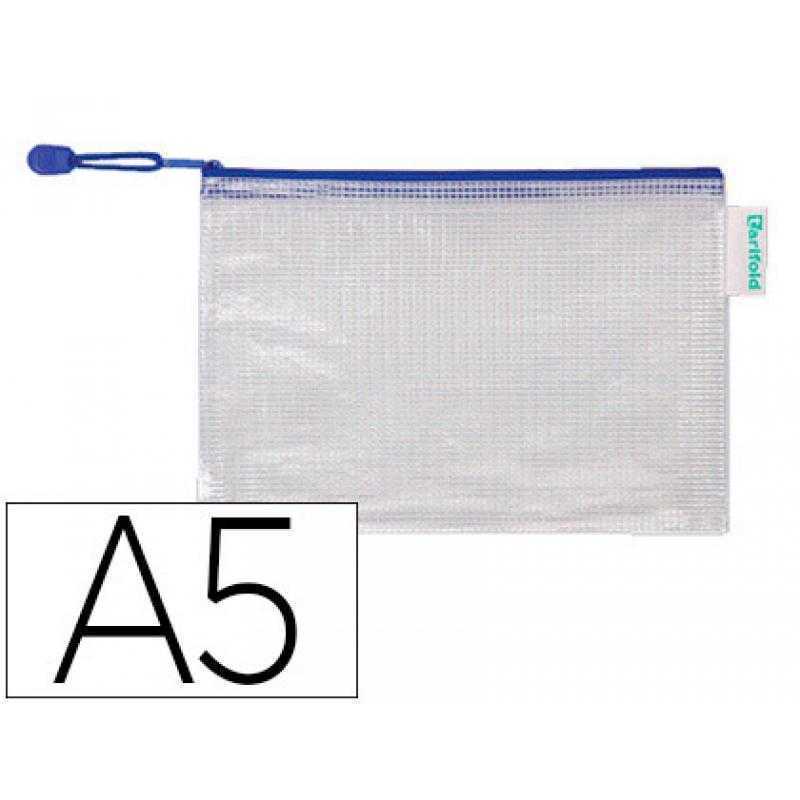 Bolsa multiusos tarifold pvc din a5 apertura superior con cremallera portaboligrafo y correa azul