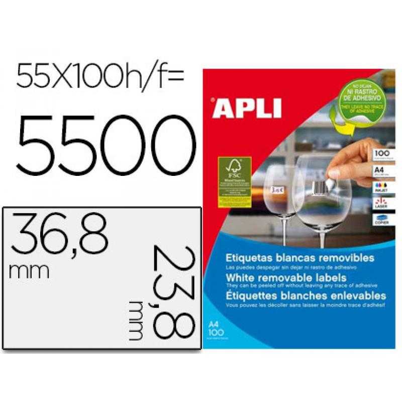 Etiqueta adhesiva apli 36,8x23,8 mm fotocopiadora láser inkjet caja 100 hojas din a4 con 5500 etiquetas