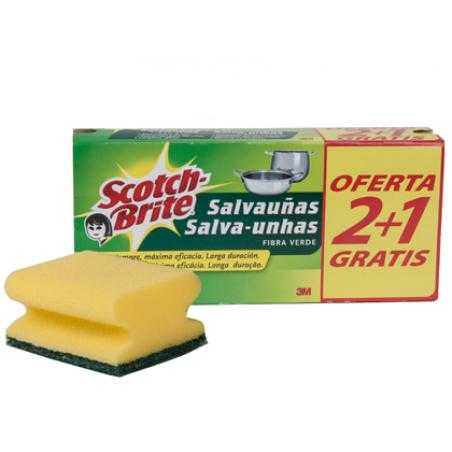 Estropajo salvauñas scotch brite fibra verde paquete 3x2
