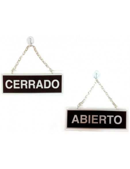 Letrero de aluminio serigrafiado abierto y cerrado con cadena y ventosa para colgar 232x74 mm Letrero de aluminio serigrafiado abierto y cerrado con cadena y ventosa para colgar 232x74 mm