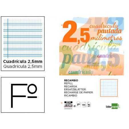 Recambio liderpapel folio pautaguia 100 hojas 75 g cuadriculado pautado 2,5 mm con margen 4 taladros