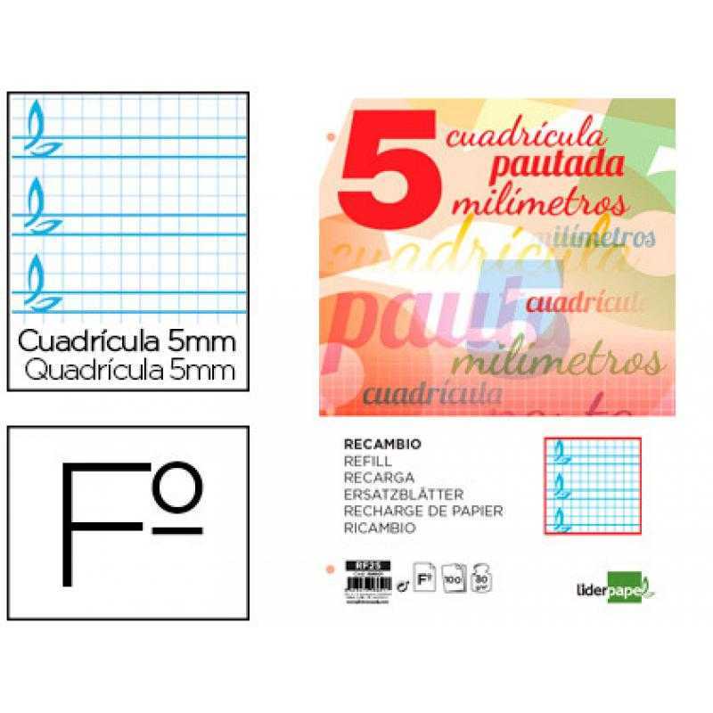 Recambio liderpapel folio pautaguia 100 hojas 75 g cuadriculado pautado 5 mm con margen 4 taladros