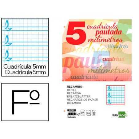 Recambio liderpapel folio pautaguia 100 hojas 75 g cuadriculado pautado 5 mm con margen 4 taladros