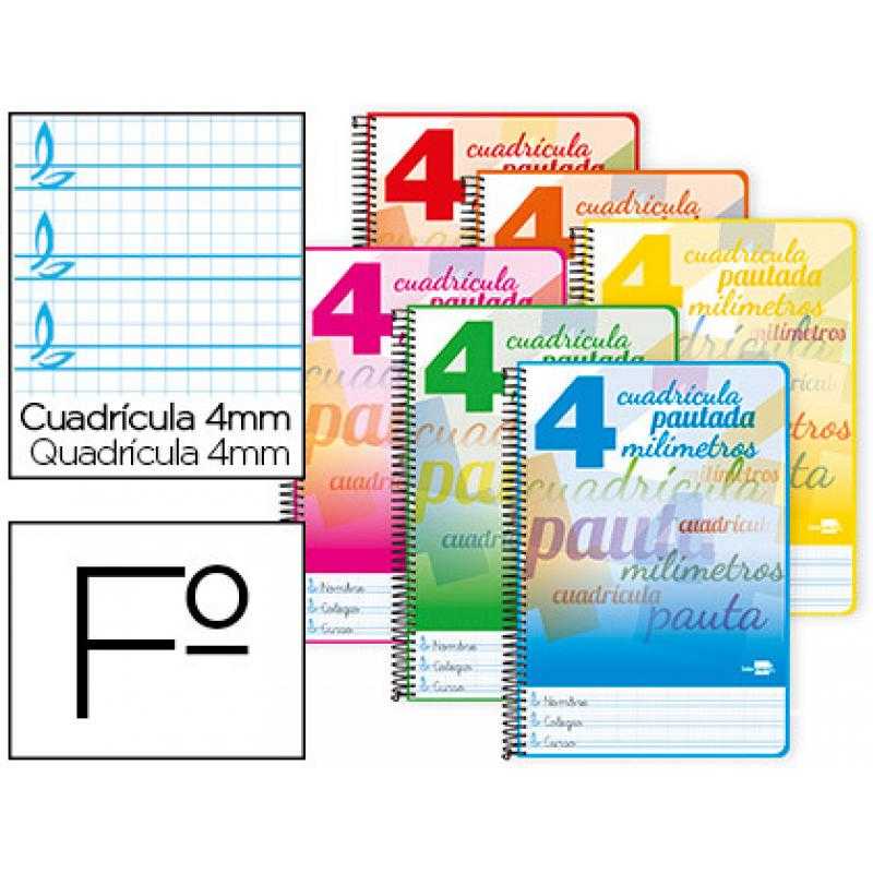 Cuaderno espiral liderpapel folio pautaguia tapa dura 80h 75 gr cuadro pautado 4mmcon margen colores surtidos