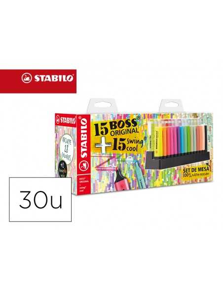 Rotulador stabilo fluorescente set de mesa 15 unidades boss 70 + 15 unidades swing cool colores surtidos