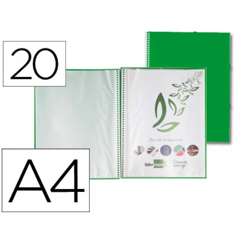 Carpeta liderpapel escaparate con espiral 20 fundas polipropileno din a4 verde