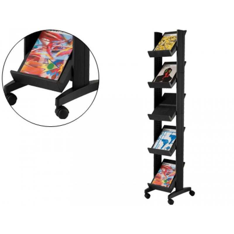 Expositor paperflow de suelo movil 5 estantes de 275x327mm color negro tamaño del expositor 350x1675x385 mm