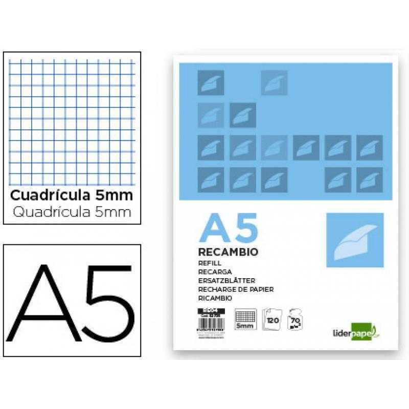 Recambio liderpapel a5 120 hojas 80g/m2 cuadro 5mm sin margen 6 taladros bandas de 5 colores